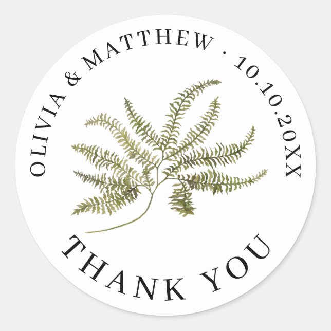 Botanical Wedding Thank You | Minimalist Fern Runder Aufkleber (Vorderseite)