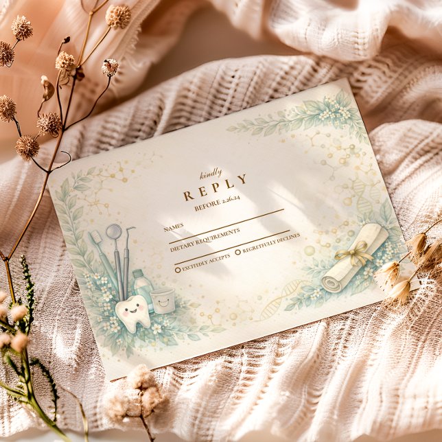Botanical White Coat Dentist Graduation RSVP Karte (Von Creator hochgeladen)