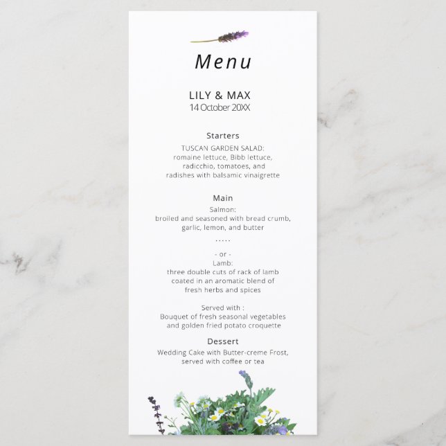 Botanical Wildflower Wedding Menu Menükarte (Vorderseite)
