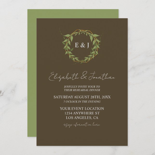 Botanical Wreath Earth Tone Rehearsal Dinner Einladung (Vorne/Hinten)