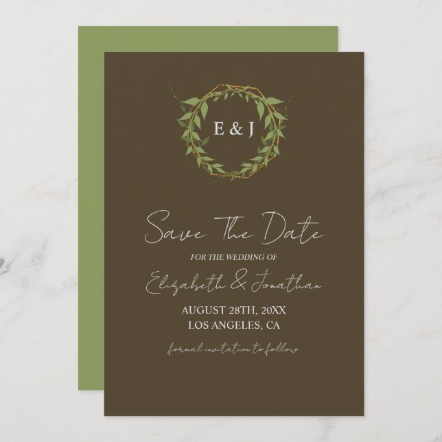 Botanical Wreath Earth Tone Wedding Save The Date (Vorne/Hinten)