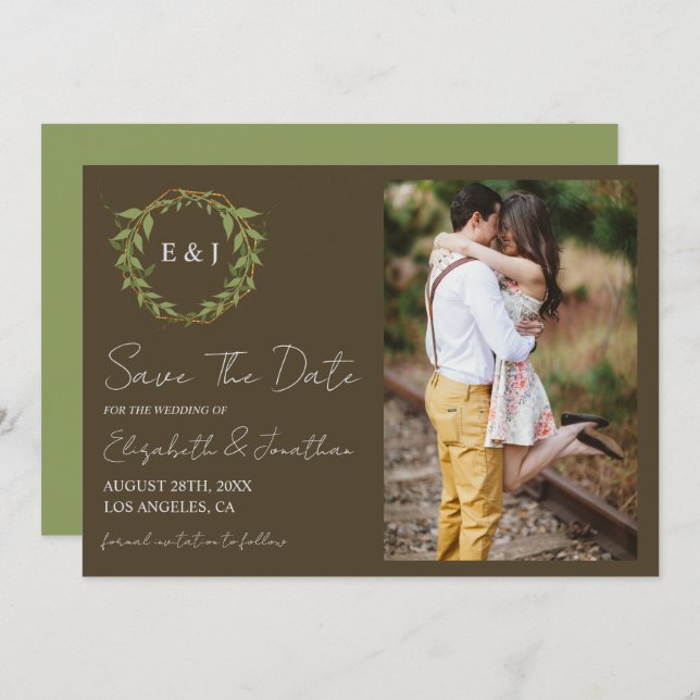 Botanical Wreath Earth Tone Wedding Save The Date (Vorne/Hinten)