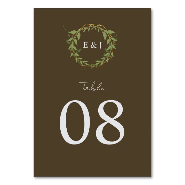 Botanical Wreath Earth Tone Wedding Tischnummer (Vorderseite)