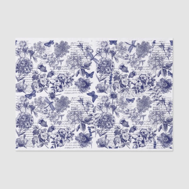 Botanicals in blau mit Skriptdecoupage Seidenpapier (Vorderseite)