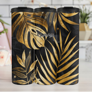 Botanisch abstrakt Schwarz und Gold Thermosbecher