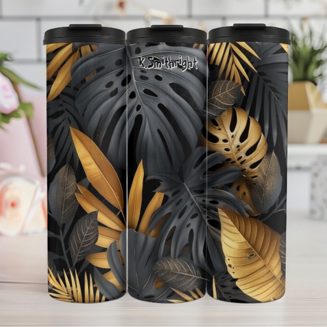 Botanisch abstrakt Schwarz und Gold Thermosbecher (Von Creator hochgeladen)