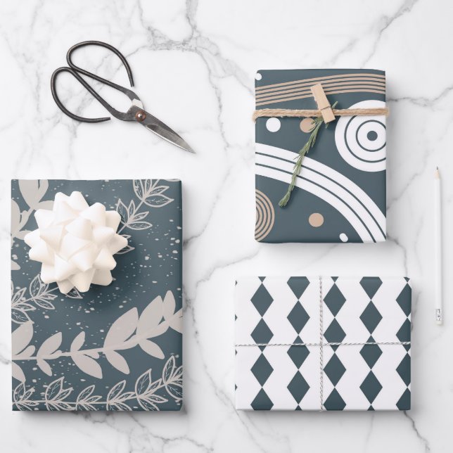 Botanisch-blau-geometrisch Mitte des Jahrhunderts Geschenkpapier Set (Vorderseite)