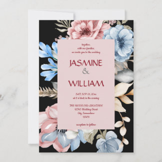 Botanisch blau-rosa-florale Aquarellbilder Einladung