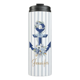 Botanisch-blaue Wasserstreifen Gold Thermosbecher
