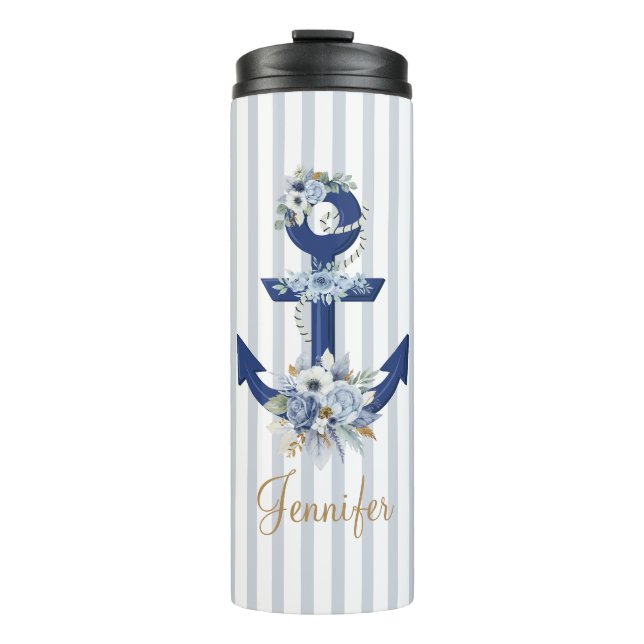 Botanisch-blaue Wasserstreifen Gold Thermosbecher (Vorderseite)