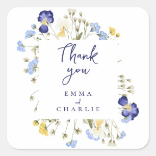 Botanisch-blaue Wildblumen Rustikale Hochzeit Quadratischer Aufkleber