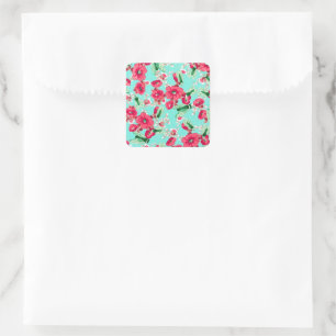 Botanisch Blumig Pink Blau Quadratischer Aufkleber