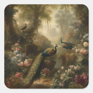 Botanisch: drei Pfauen im englischen Garten Quadratischer Aufkleber