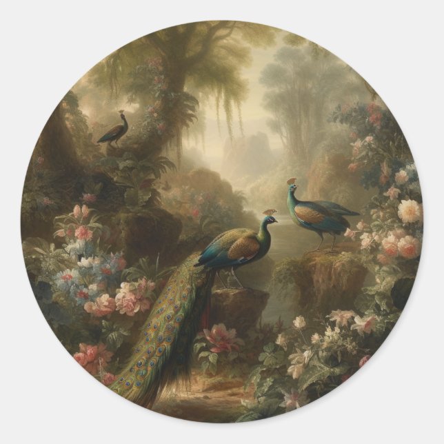 Botanisch: drei Pfauen im englischen Garten Runder Aufkleber (Vorderseite)