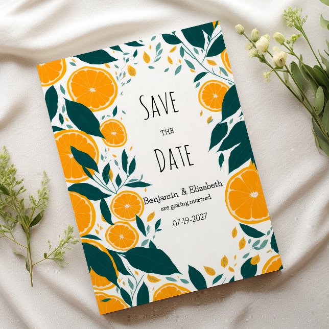 Botanisch dunkelgrüne Zitrusorange Save the Date Einladung (Botanical dark green citrus orange Save the Date)