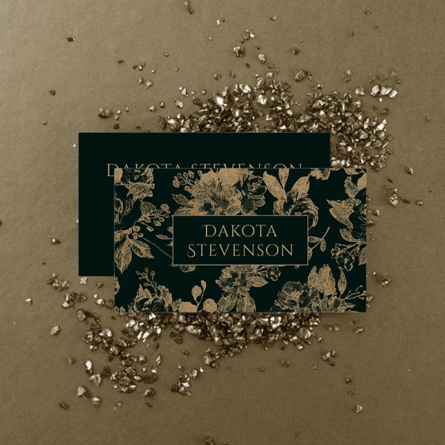 Botanisch elegant | Dunkelgrün und Goldblume Visitenkarte (Von Creator hochgeladen)