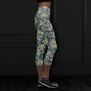 Botanisch elegant   Forest Green Sepia Gold Floral Capri Leggings