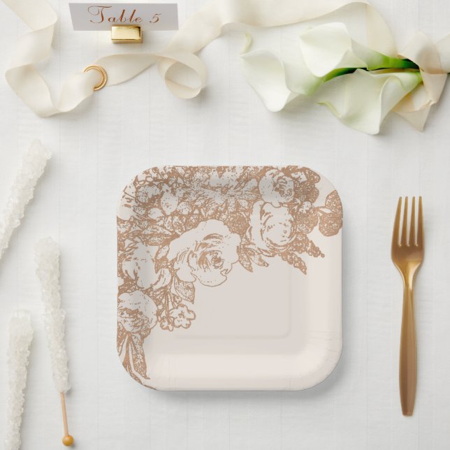 Botanisch elegant | Kupfer Rose Gold Floral Pappteller (Hochzeit)