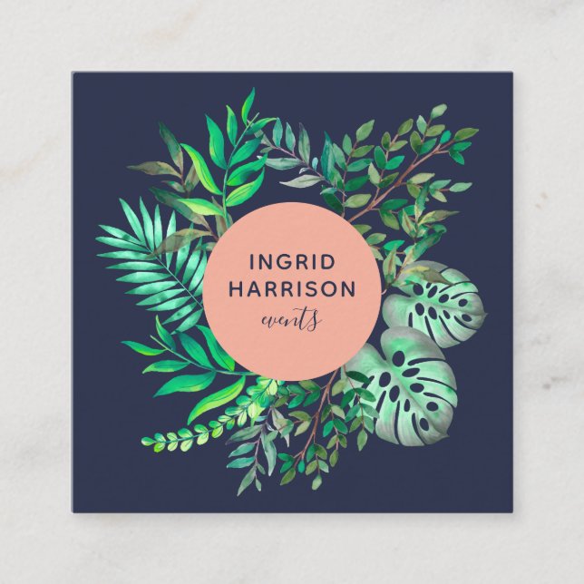 Botanisch-elegante Ereignisse in blauem Rosa Quadratische Visitenkarte (Vorderseite)