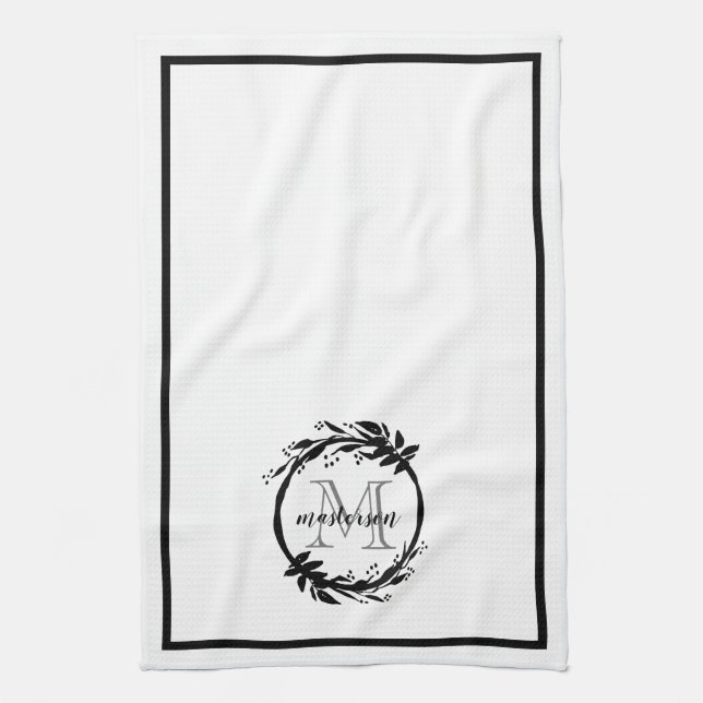 Botanisch elegante Schwarz-Weiß-Monogramm-Familie Geschirrtuch (Vertikal)