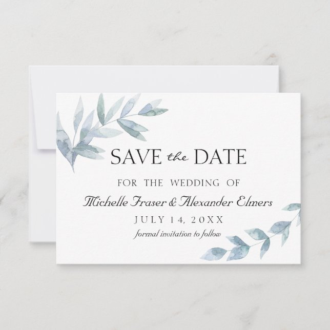 Botanisch-elegantes Wasserfarbenblatt Save the Dat RSVP Karte (Vorderseite)