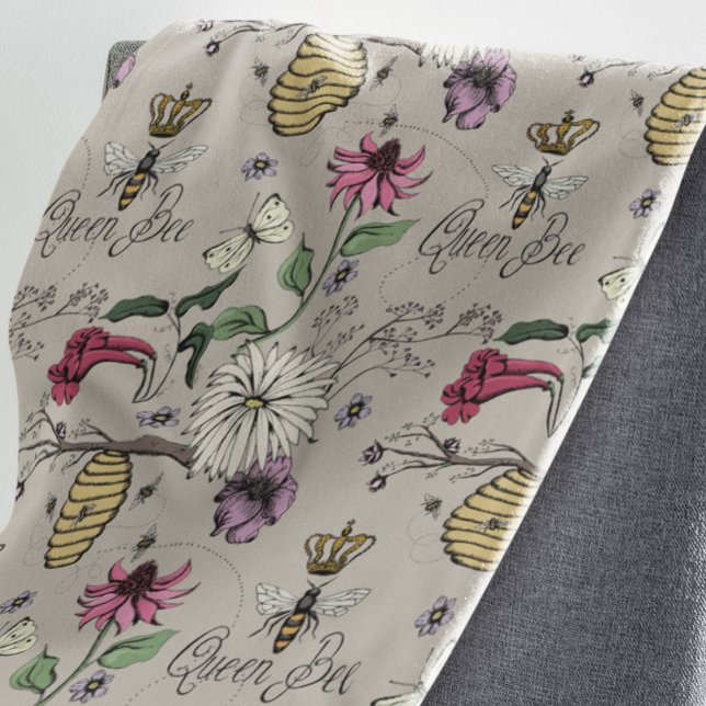 Botanisch Greige Blumenqueen Bee Pattern Sherpadecke (Greige Queen Bee, Gold Crown, Beehive, Honeybees and Flowers, like Hibiscus, Daisies, & Cosmos.)