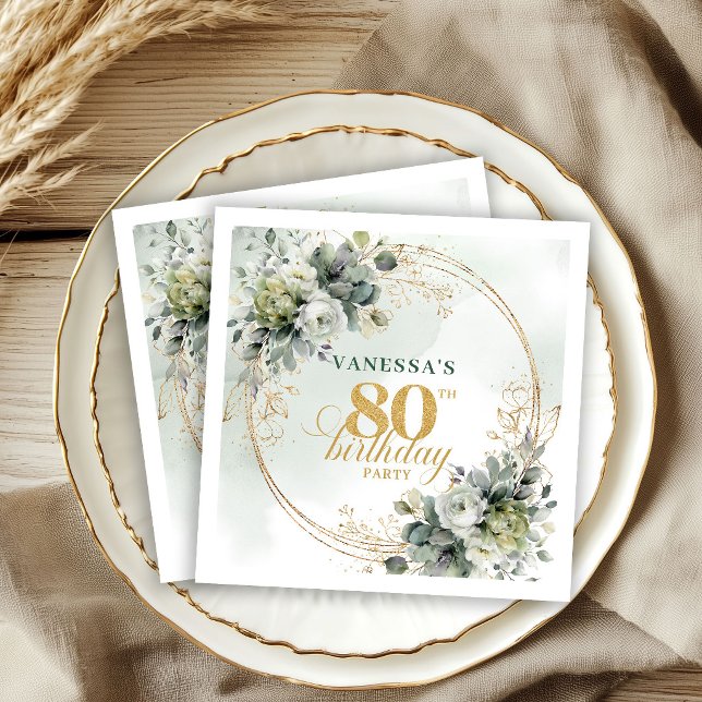 Botanisch Grün Gold Eukalyptus 80. Geburtstag Serv Serviette (Botanical Green Gold Eucalyptus 80th Birthday Napkins)