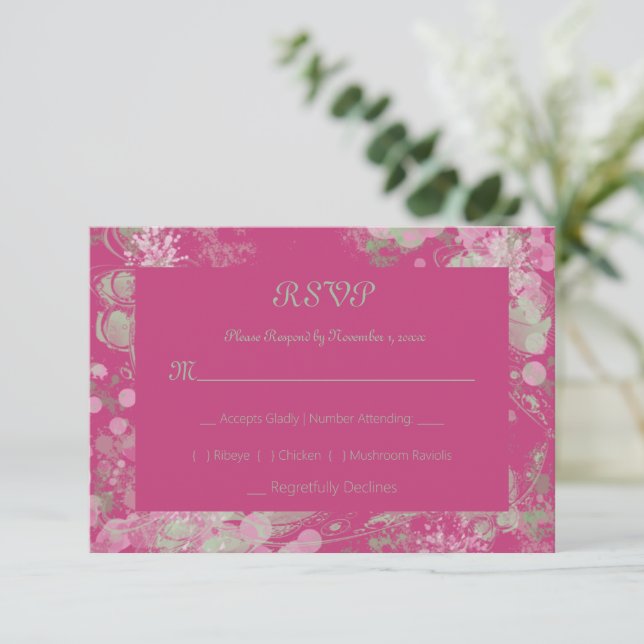 Botanisch grün und rosa RSVP karte (Stehend Vorderseite)