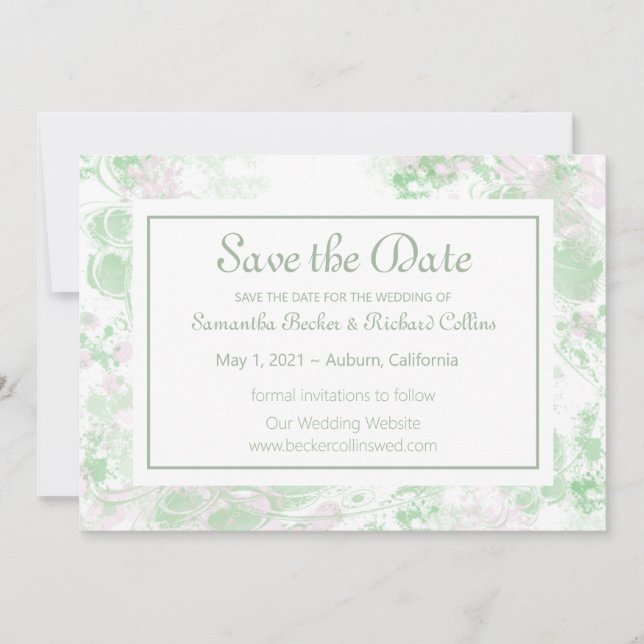 Botanisch grün und rosa save the date (Vorderseite)