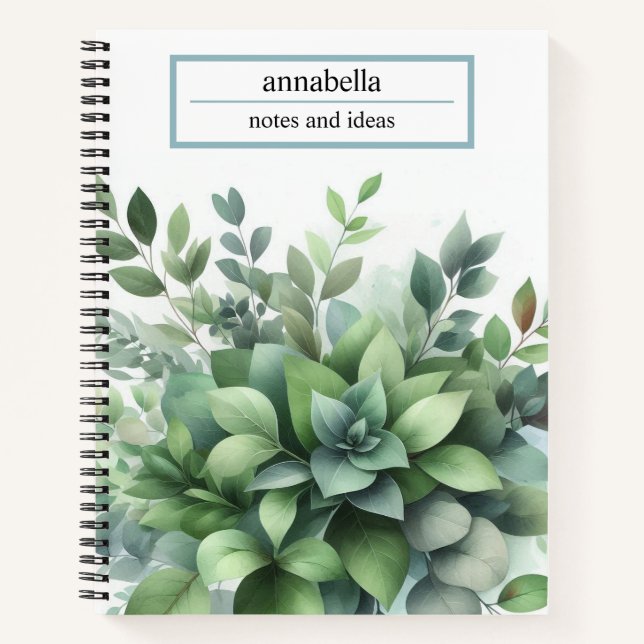 Botanisch grüne Blätter Wasserfarbe Elegantes Note Notizbuch (Vorderseite)