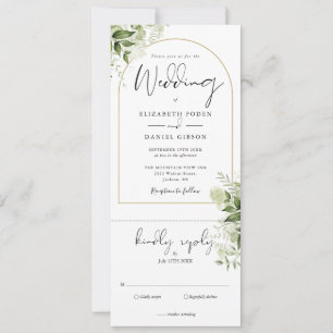 Botanisch grüne Goldbogen-Hochzeit All-in-One Einladung