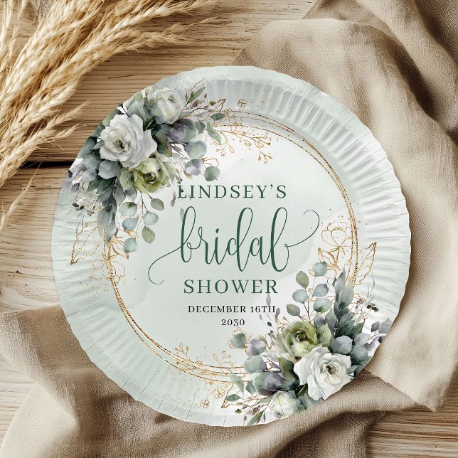Botanisch grüne goldene Brautparty-Papierteller Pappteller (Botanical Green Gold Bridal Shower Paper Plates)