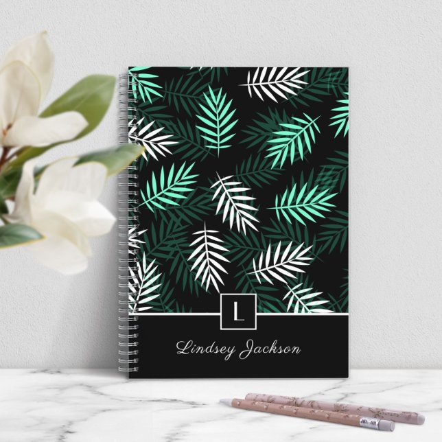 Botanisch-grüne moderne monogramm-Blätter i Notizblock (Modern Monogram Botanical Green Leaves i Notebook)