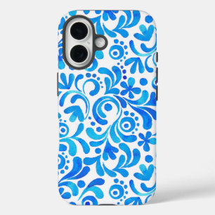 Botanisch lebendiges Blau und Weiß iPhone 16 Hülle