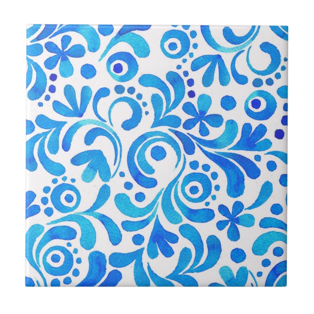 Botanisch lebendiges Blau und Weiß Fliese (Vorderseite)