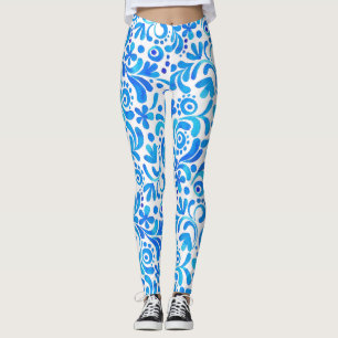 Botanisch lebendiges Blau und Weiß Leggings