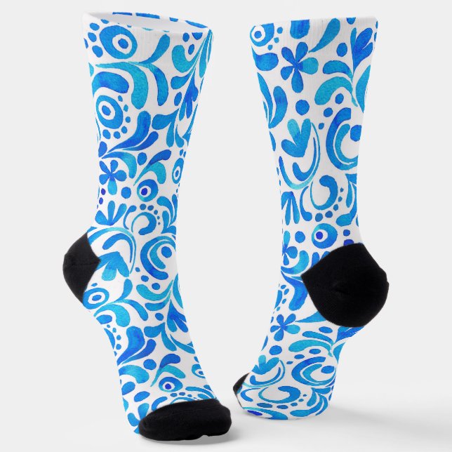 Botanisch lebendiges Blau und Weiß Socken (Gewinkelt)