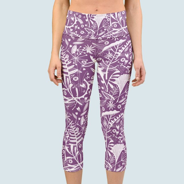 Botanisch Lila Capri Leggings (Purple botanical pattern capri pants yoga leggings)