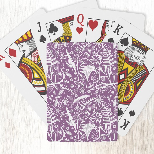 Botanisch Lila modern Spielkarten (Purple and white botanical silhouette pattern art playing cards)