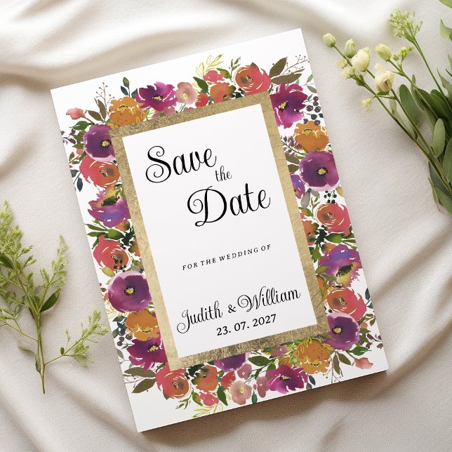 Botanisch lila-orange-rosa Blütenpflanze Save the  Einladung (Botanic purple orange pink floral Save the Date)
