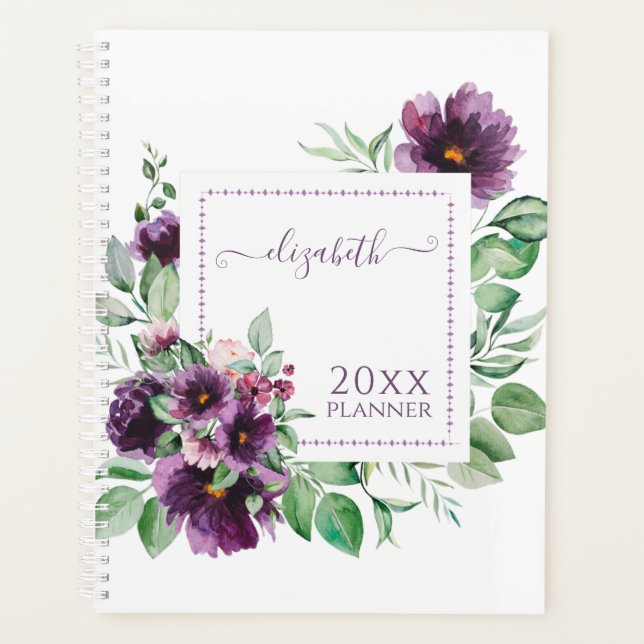 Botanisch lila Wasserfarbe | Personalisiert Planer (Vorderseite)