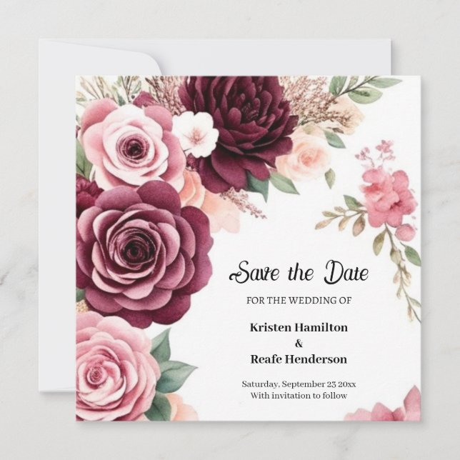 Botanisch-modern Burgund Save The Date (Vorderseite)