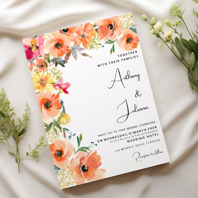 Botanisch orange-gelb-rosa Sommerblumenhochzeit Einladung (Botanic orange yellow pink summer floral Wedding )