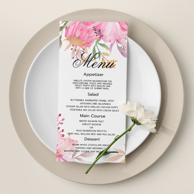 Botanisch-rosa Aquarellfarben-Blume Hochzeitsmenü Programm (Botanic pink watercolor flowers Wedding Menu)