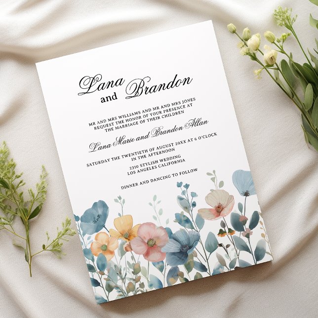 Botanisch-rosa-blaue Frühlingssonne Wildblumen Hoc Einladung (Botanical pink blue spring wildflowers wedding)
