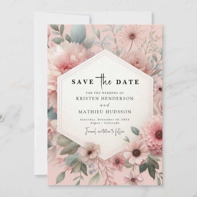 Botanisch-rosa-blumengeschichtliche Hochzeit Save The Date (Vorderseite)