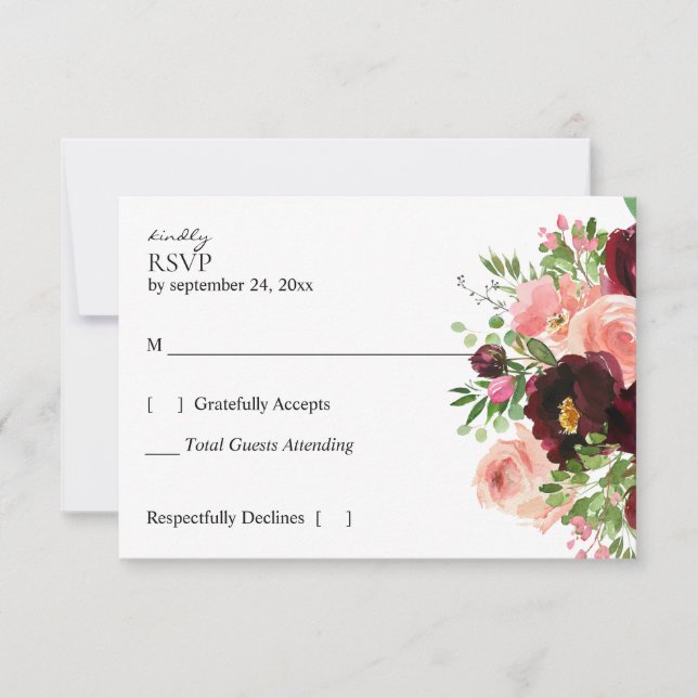 Botanisch-rosa Burgund & Blush RSVP Karte (Vorderseite)