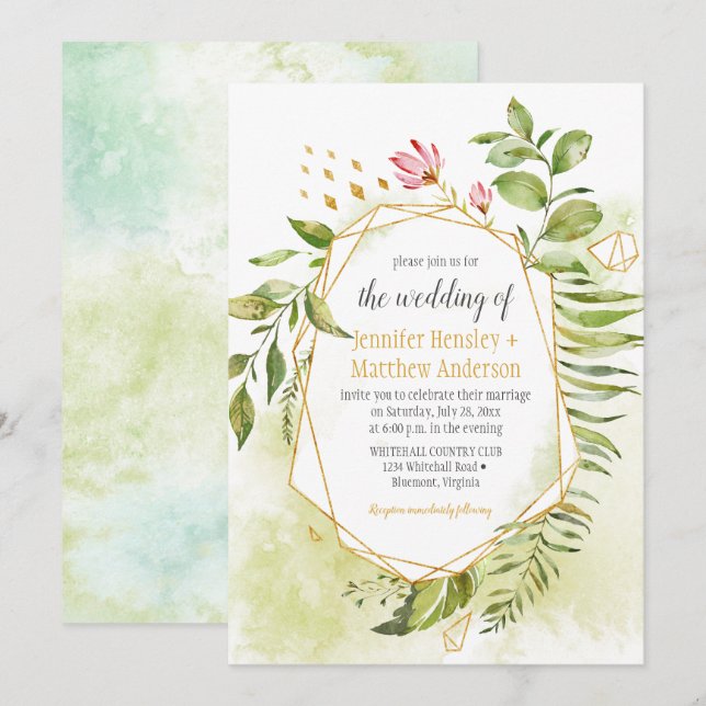 Botanisch rosa, grüne goldene Rahmen Hochzeit Einladung (Vorne/Hinten)