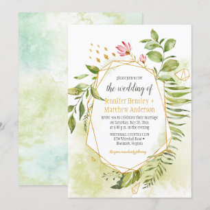 Botanisch rosa, grüne goldene Rahmen Hochzeit Einladung