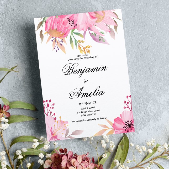 Botanisch-rosa-orangefarbene Blume Hochzeit Einladung (Botanic pink orange watercolor flowers Wedding)